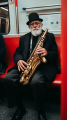 full body shot of old man playing saxophone inside a train, urban photo