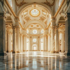Obraz premium Spacious marble hall with towering columns, arched ceilings, and streaming sunlight