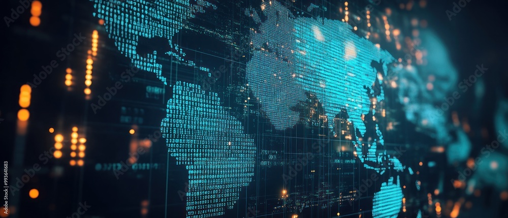 Poster Digital world map with data visualization elements, representing global connectivity.