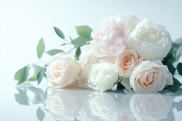 Obraz premium Minimalist wedding bouquet featuring elegant roses and soft peonies on a serene background