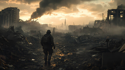 Generative AI, Soldier Walking Alone in a Destroyed World