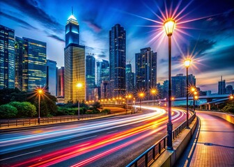 Fototapeta premium Vibrant City Road Wallpaper with Dynamic Street Lights and Urban Landscape for Modern Interiors