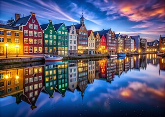 Naklejka premium Vibrant Cityscape at Night with Illuminated Buildings and Glowing Lights Reflecting in Water