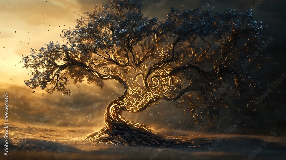 Poster a majestic tree with intricate patterns glowing in its branches and trunk, set against a dramatic su