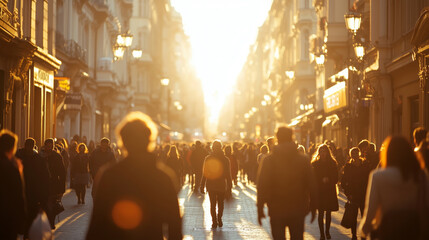 Photo of a crowded street in the city with people walking, sunshine, and soft focus on one person's face
