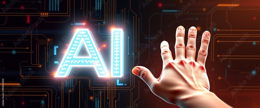 Poster silhouette of a robot looking at a digital image of the letters 