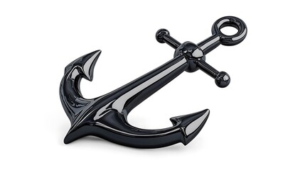 A sleek black shiny metal anchor stands isolated against a pristine white background.