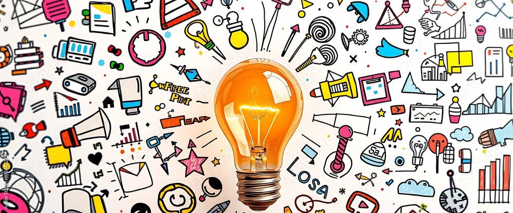 Poster a light bulb surrounded by colorful doodles representing ideas and innovation, with an abstract back