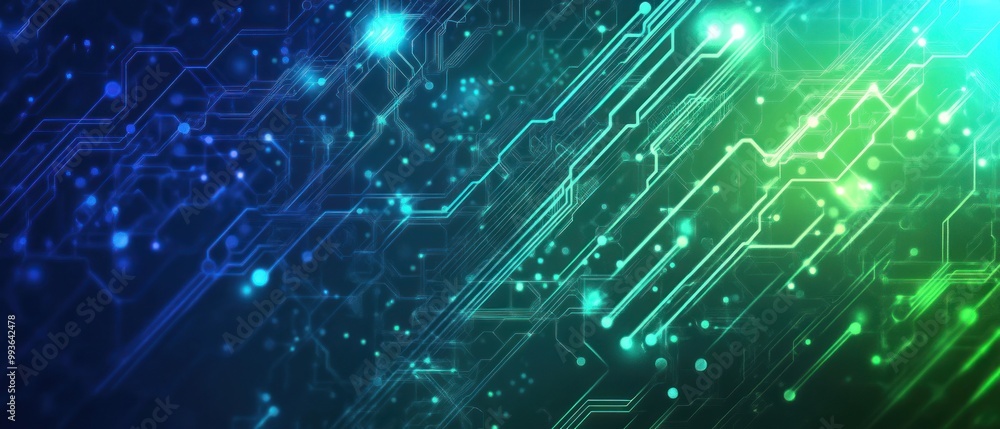 Poster abstract digital circuitry design with glowing elements in blue and green tones.