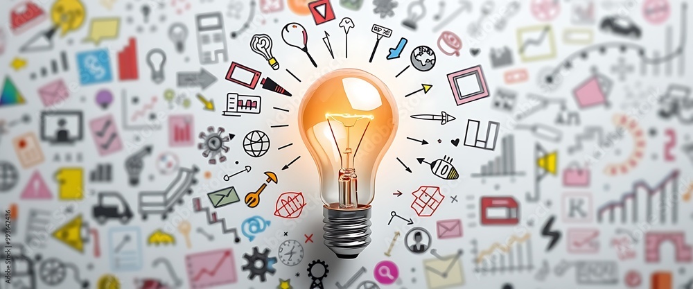 Poster a light bulb surrounded by colorful doodles representing ideas and innovation, with an abstract back
