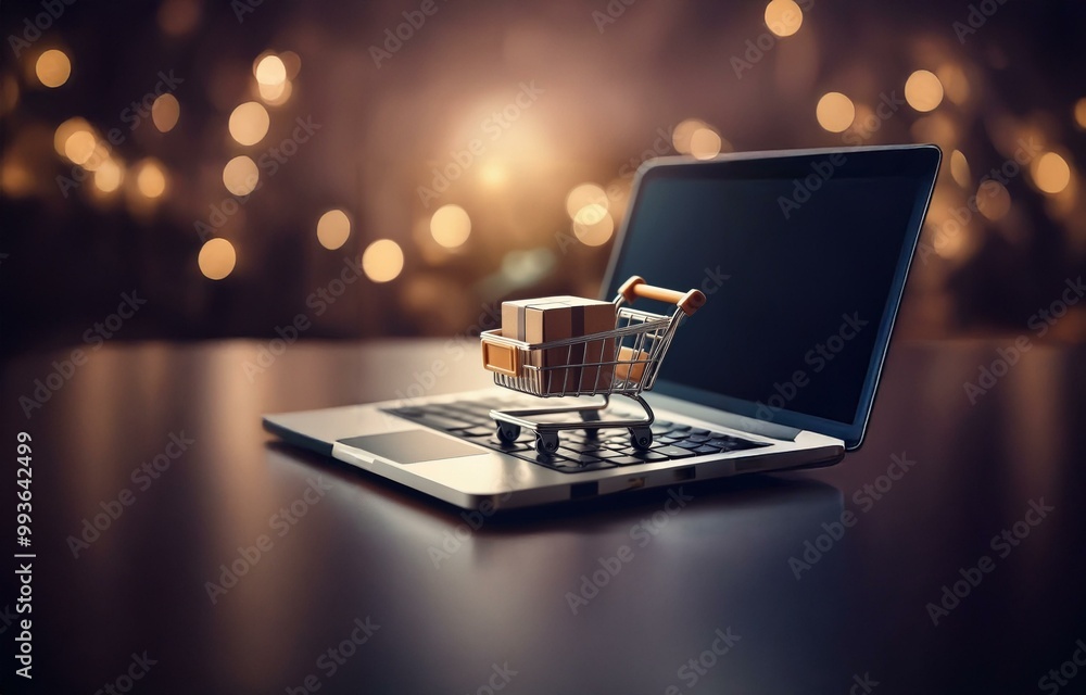 Aufkleber a miniature shopping cart filled with boxes sits on a laptop keyboard against a bokeh background.