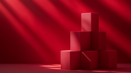 Red background, red cube pedestals stacked on top of each other