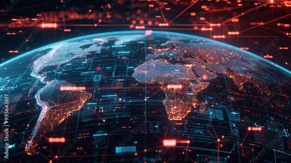 Poster a digital representation of earth with a network overlay, emphasizing global connectivity.