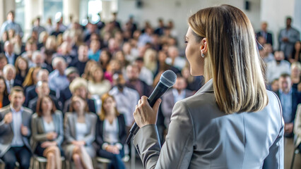 A young blonde woman with European features presents her ideas confidently on stage, microphone in hand, viewed from the back. Great for illustrating corporate presentations and workshops.