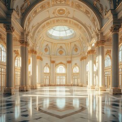 Spacious marble hall with towering columns, arched ceilings, and streaming sunlight