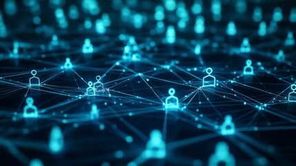 Obraz premium Sleek network of people interconnected on a dark background, with simple icons for each person and lines connecting them to symbolize connections between diverse individuals