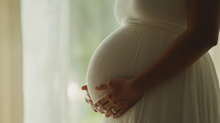  A close-up cropped shot of an unknown obstetrician's hand gently touching the large belly of a pregnant woman during a home visit, conveying care and support. photo