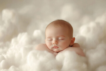 Tender moment of a baby sleeping peacefully among soft cloud-like surroundings