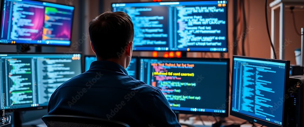 Poster cinematic shot of an it worker in a dark blue shirt sitting at a desk with multiple monitors display