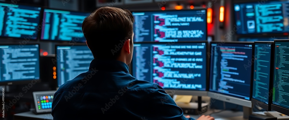 Poster cinematic shot of an it worker in a dark blue shirt sitting at a desk with multiple monitors display