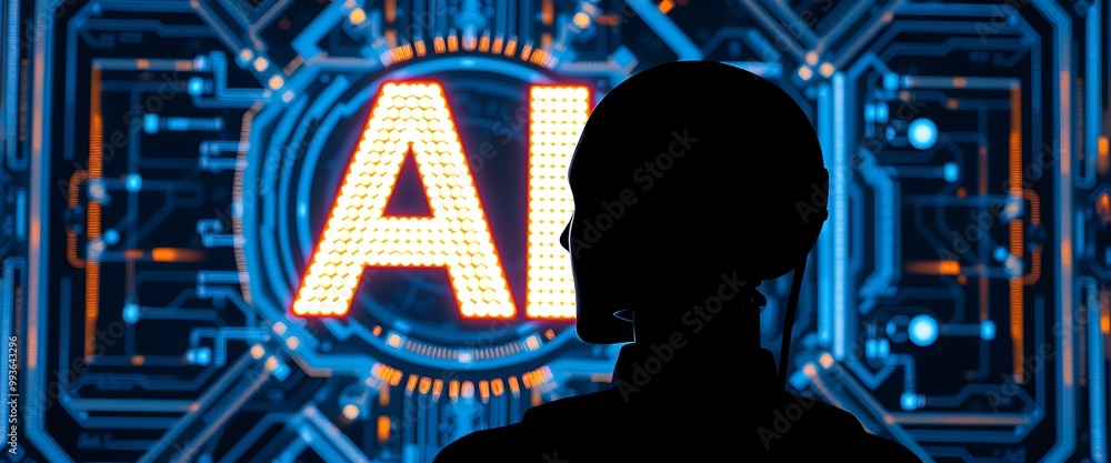 Poster silhouette of a robot looking at a digital image of the letters 