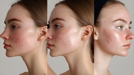 3-part transformation timeline, face at day 1, day 15, and day 30, showing progressive acne reduction, soft lighting, smooth skin, natural tones, medical photography style