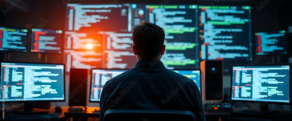 Aufkleber cinematic shot of an it worker in a dark blue shirt sitting at a desk with multiple monitors display