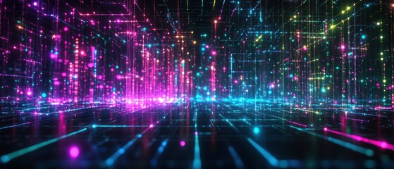 Fototapeta premium A vibrant, futuristic digital landscape filled with colorful lights and grid patterns.