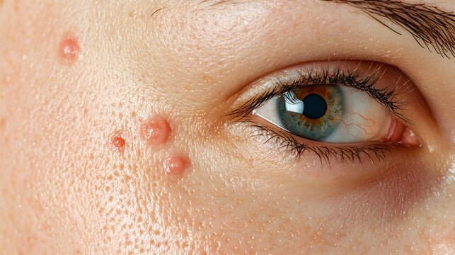 Macro shot of skin with active pimples, redness, and clogged pores The healing phase shows reducing inflammation and a clearer complexion