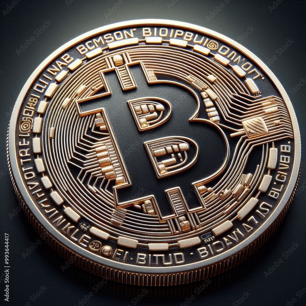 Poster a highly detailed close-up of a bitcoin coin on a dark background, emphasizing its intricate design.