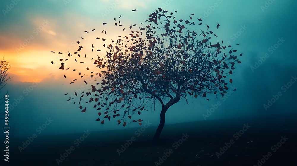 Poster a lone tree with leaves blowing in the wind, creating a misty and ethereal scene.