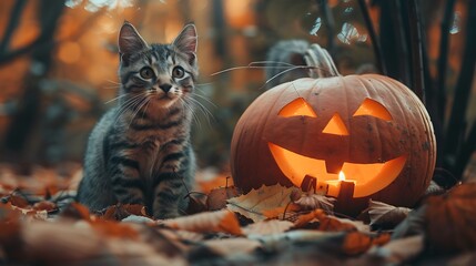 Naklejka premium Jack o lantern for autumn and a beautiful kitty costumed as a trickster