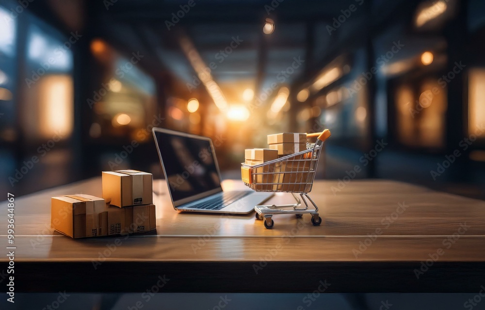 Poster a laptop computer rests on a wooden table next to a miniature shopping cart filled with cardboard bo