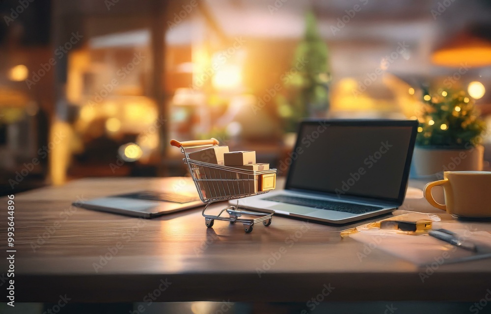 Poster a miniature shopping cart filled with boxes sits on a wooden table next to a laptop and a mug.