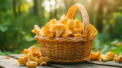 basket of chanterelles mushrooms on forest background. Copy space. Orange eatable mushrooms chanterelles collected in the forest. Autumn harvest. Side view. chanterelle season