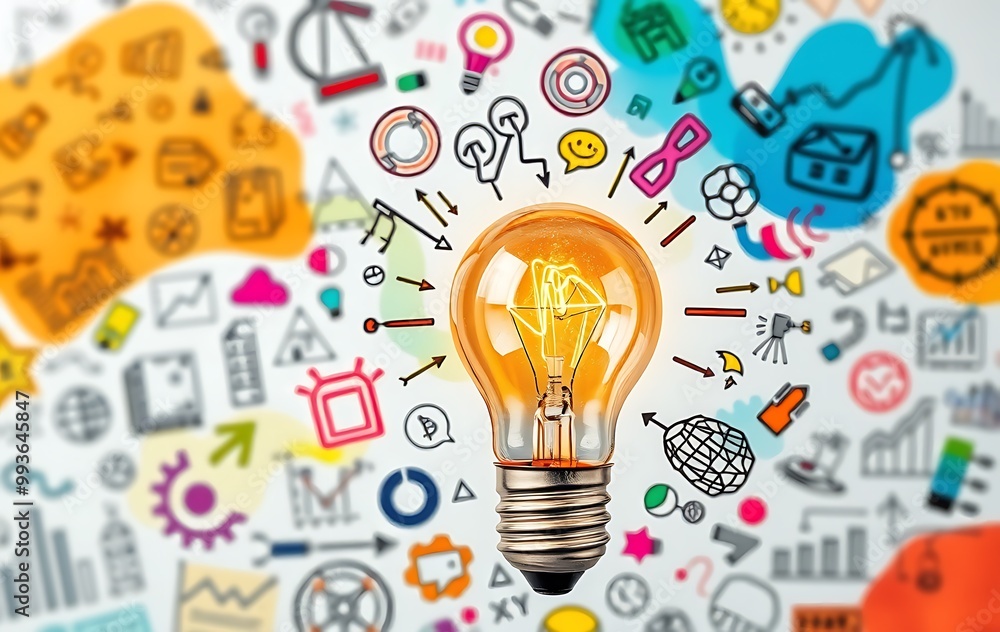 Poster a light bulb surrounded by colorful doodles representing ideas and innovation, with an abstract back