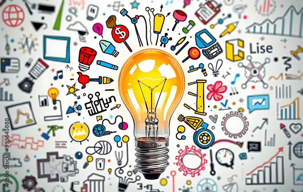 Poster a light bulb surrounded by colorful doodles representing ideas and innovation, with an abstract back