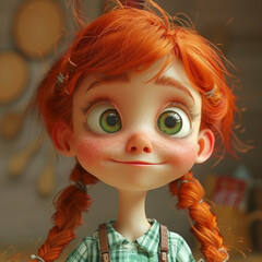 Adorable Red-Haired Girl with Freckles and Braids &ndash; 3D Illustration