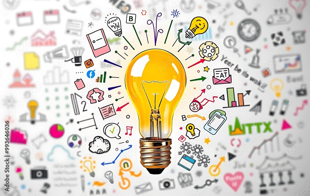 Poster a light bulb surrounded by colorful doodles representing ideas and innovation, with an abstract back