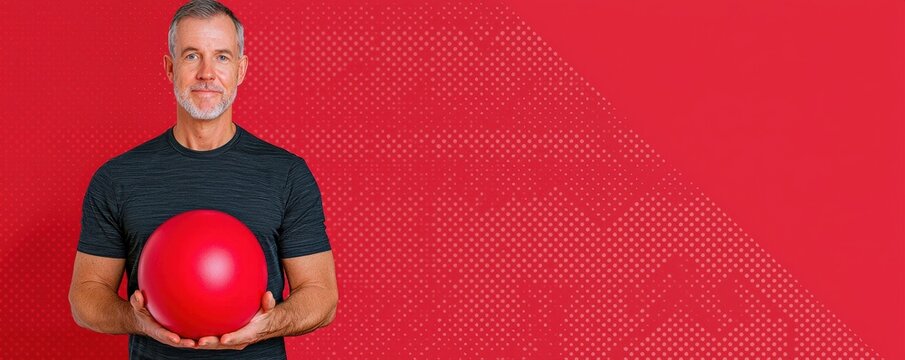 A middle-aged man stands against a red backdrop, holding a large red ball, exuding confidence and vitality, Health and medical concept. - Powered by Adobe
