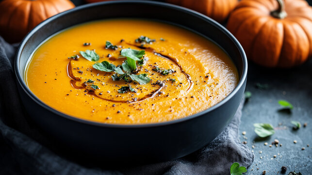 A bowl of pumpkin soup on the table, with pumpkins and a dark grey cloth. 