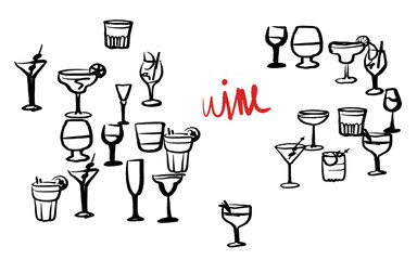 Isolated vector set of wine and alcoholic beverage glasses and tumblers. Hand drawn sketch.Red and black drawing on white background.Cocktails, martini, whiskey, cognac, vodka, gin tonic, beer, brandy