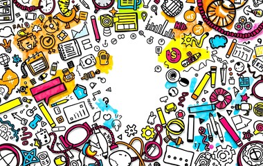 A surrounded by colorful doodles, with an abstract background showing business icons like graphs or office elements.
