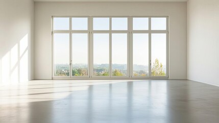 Obraz premium Wide view of a modern logistics facility, organized shipping operations, clean and spacious, large skylights and windows offering a view of a bright, clear day outside