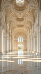 Fototapeta premium Spacious marble hall with towering columns, arched ceilings, and streaming sunlight