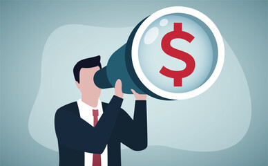 Looking for investment opportunity, money visionary, searching for yield, dividend or profit in stock market concept, wealthy businessman investor look through binoculars to see money dollar sign.