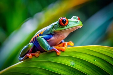 Obraz premium Vibrant Colorful Frog Sitting on a Leaf in a Lush Green Environment Nature Wildlife Photography