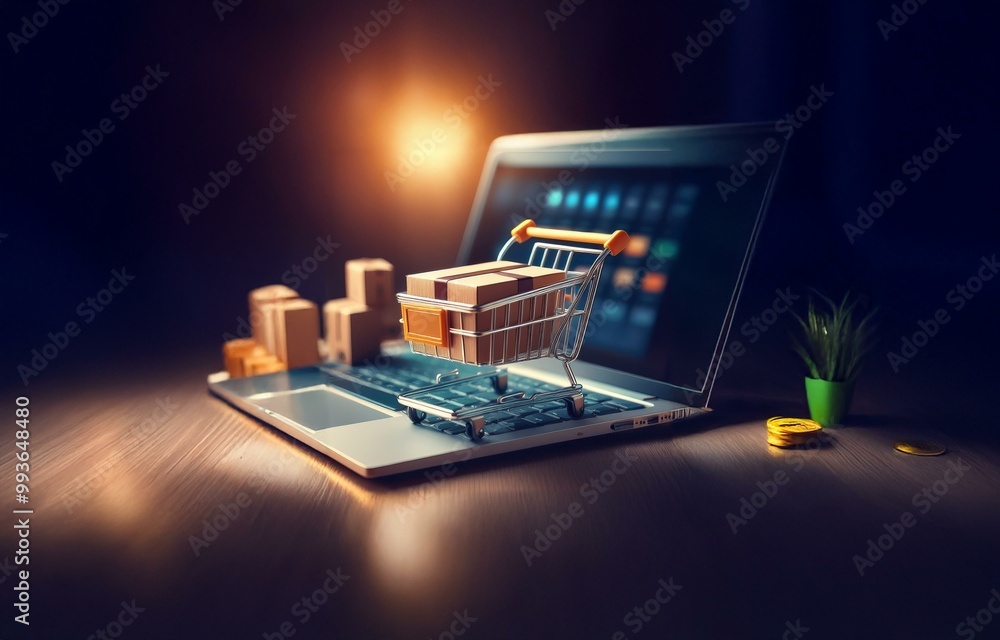 Poster A laptop computer with a shopping cart containing a box rests on a wooden table.