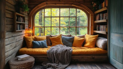 Cozy Window Seat with Bookshelf