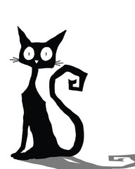 Simple hand drawn witch black cat with big eyes. Spooky cat with shadow isolated on white background, place for your text.
